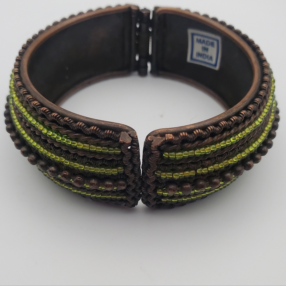 Handwoven Brown and Lime Green Beaded Clamp Bangle Bracelet Copper Tone Brass